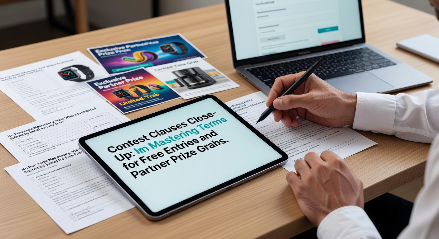 Close-up view of contest rules document highlighting key clauses for free entries and partner prizes, with a magnifying glass emphasizing fine print details