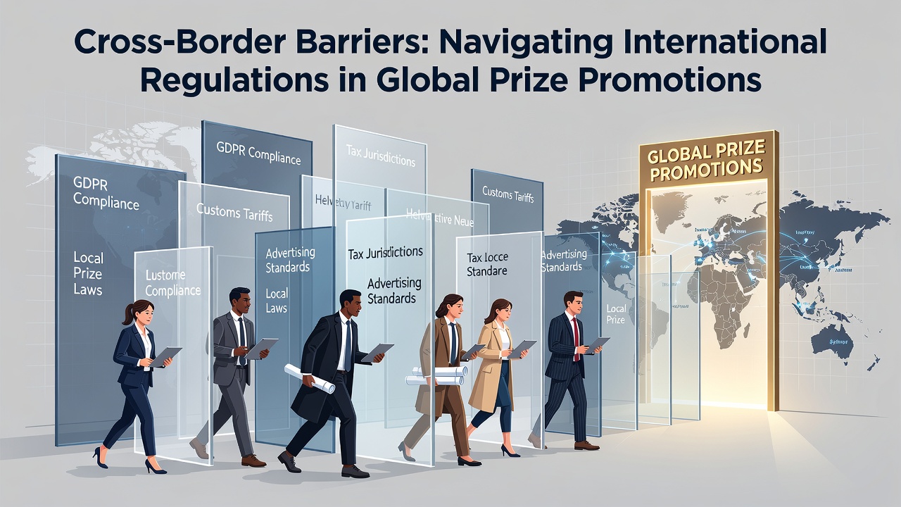 Legal documents and compliance checklists spread across a desk representing international prize promotion regulations