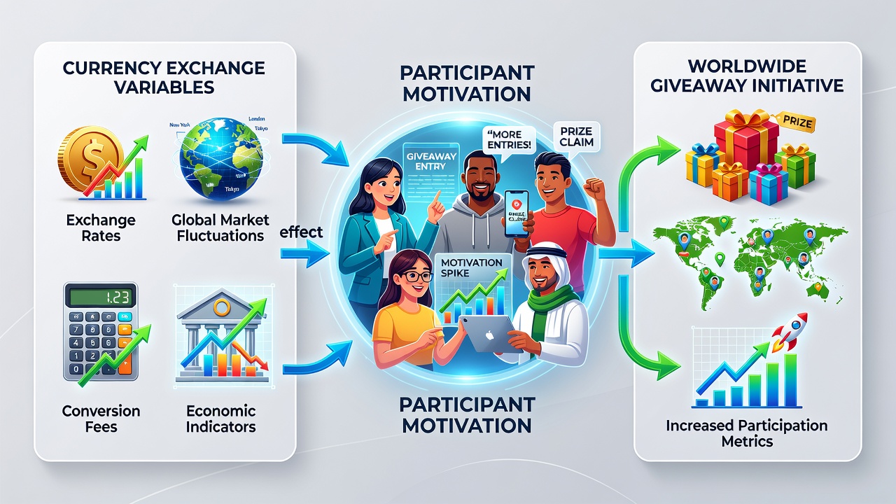 Global participants reviewing currency conversion details on mobile devices during an international giveaway campaign