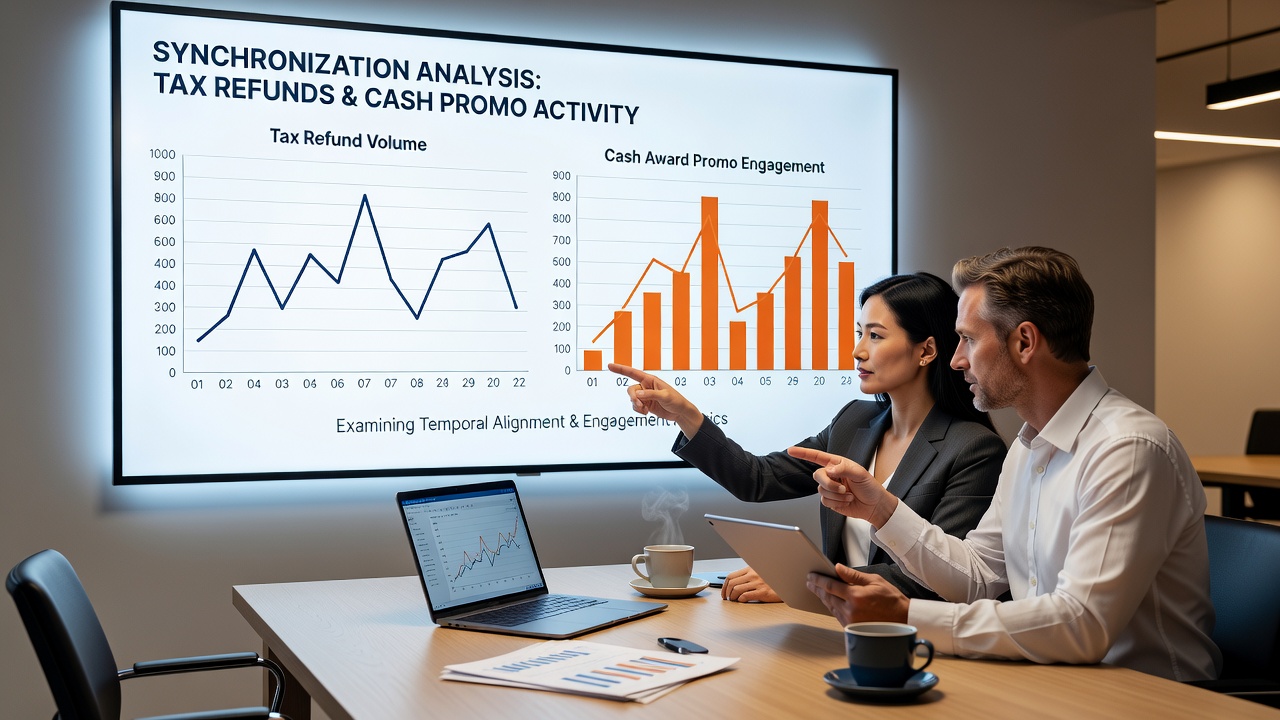 Analytics dashboard displaying synchronized peaks between tax refund timelines and cash promotion entries