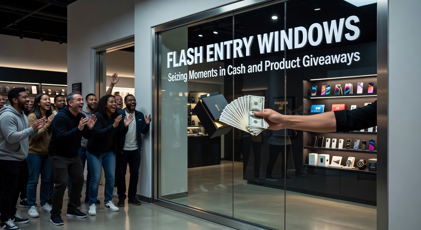 A digital clock ticking down rapidly beside a pile of cash and luxury product prizes, symbolizing the urgency of flash entry windows in giveaways
