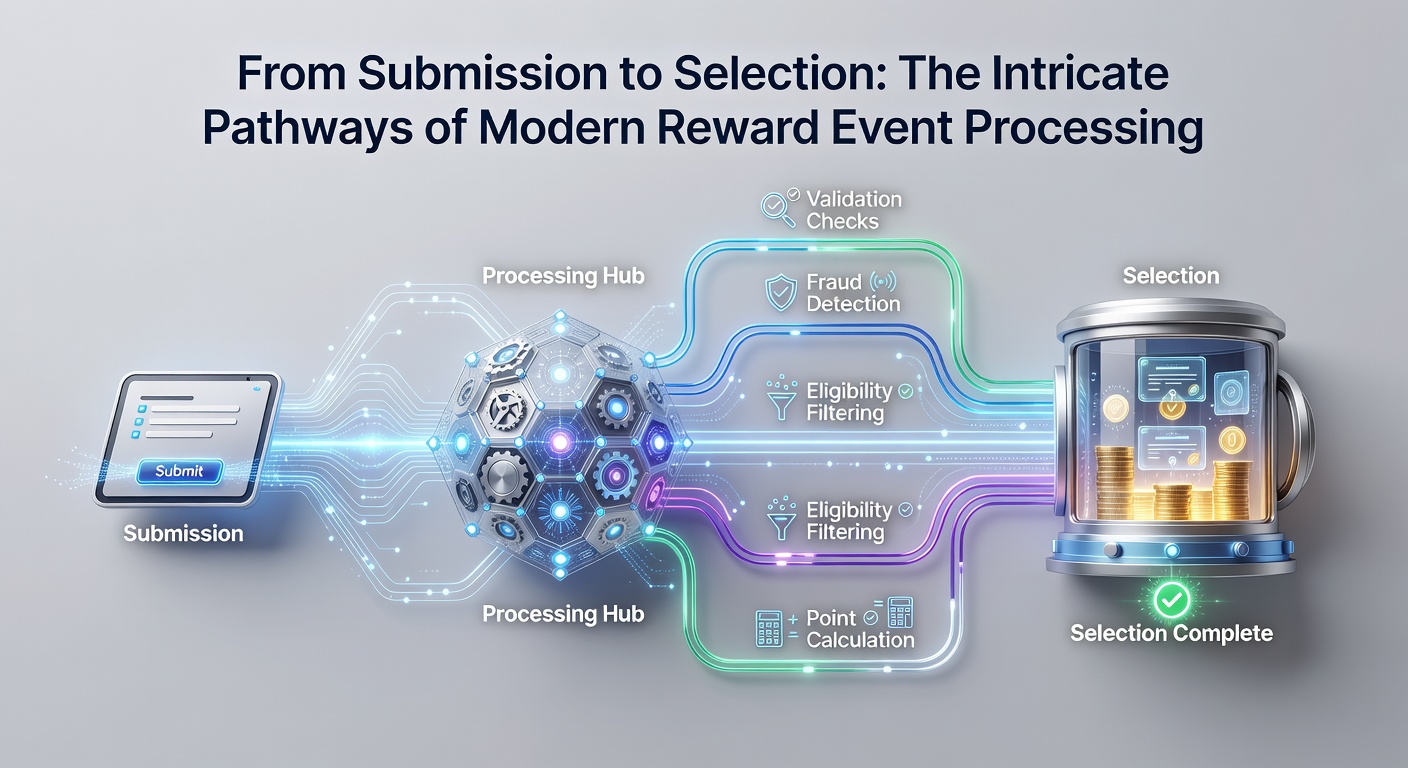Digital interface showing reward event submission form with user data entry fields and progress indicators