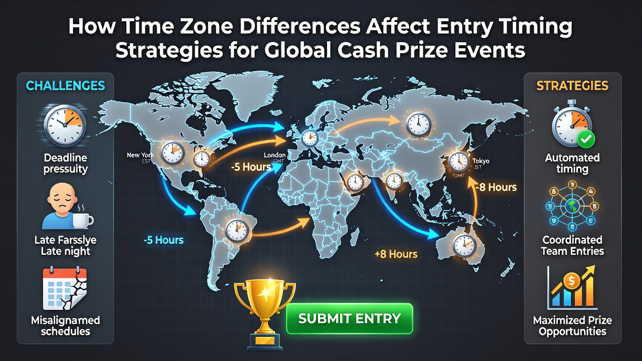 Global map highlighting time zone boundaries and cash prize event entry points across continents