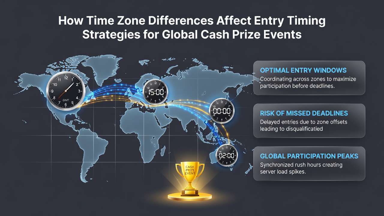 Digital clock interfaces displaying multiple time zones during an active cash prize contest entry period