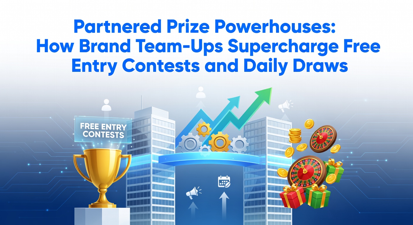 Two major brands shaking hands over a giant prize trophy in a vibrant contest arena, symbolizing powerful partnerships that amplify sweepstakes excitement