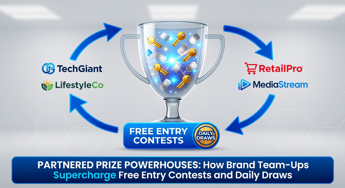 A dynamic infographic showing interconnected brand logos forming a prize explosion, with arrows illustrating entry flows and daily draw cycles in a partnered sweepstakes