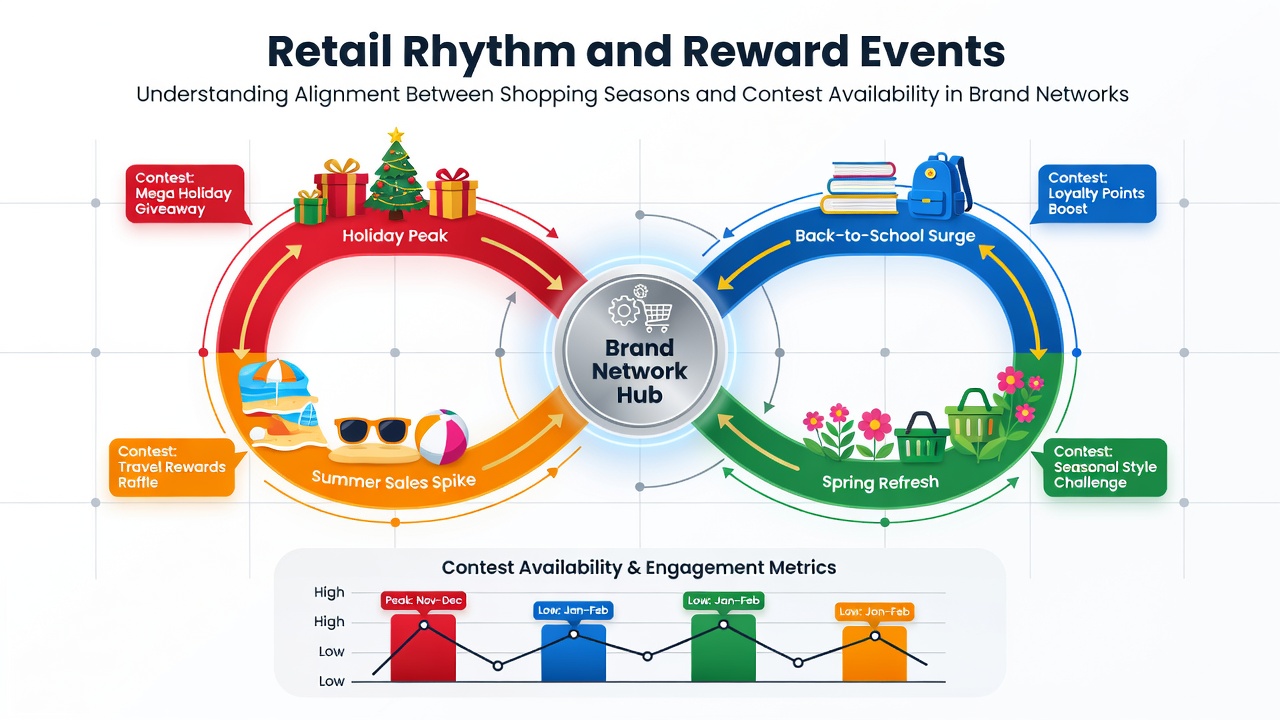Retail shopping seasons synchronized with brand contest availability timelines across networks