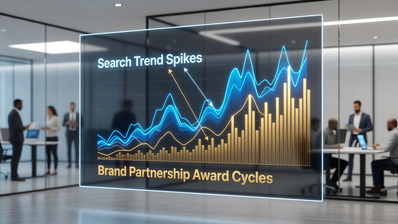 Dashboard view of search analytics overlaid with brand partnership timelines in digital marketplaces