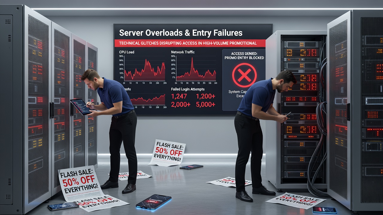 Technical team reviewing server logs and error reports from a promotional entry system outage