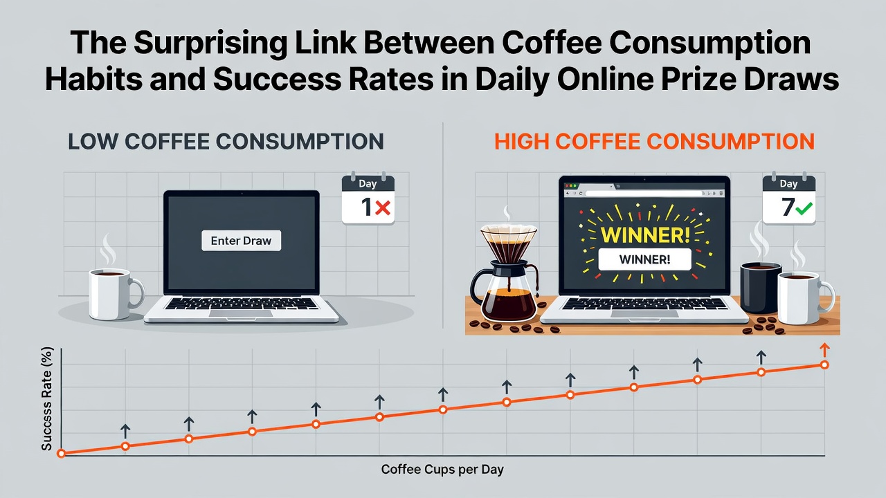 Close-up of coffee cup next to a smartphone displaying a prize draw confirmation screen