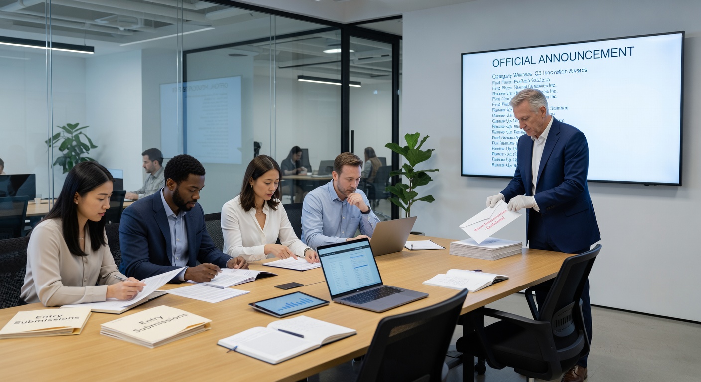 A team of professionals in a conference room reviewing documents and computer screens, verifying winner details with checklists and legal forms