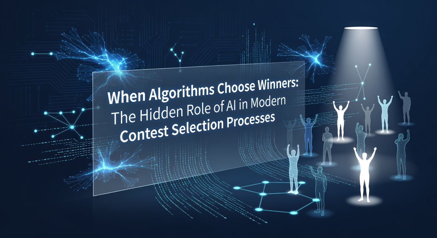 Illustration of AI algorithms analyzing contest entries with data streams and selection interfaces